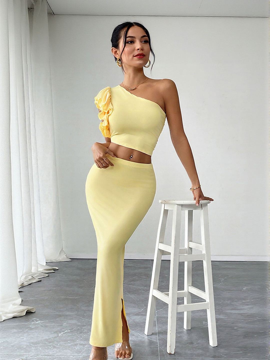 Yellow Corsage Detail One Shoulder Top With Fitted Skirt Coord Set