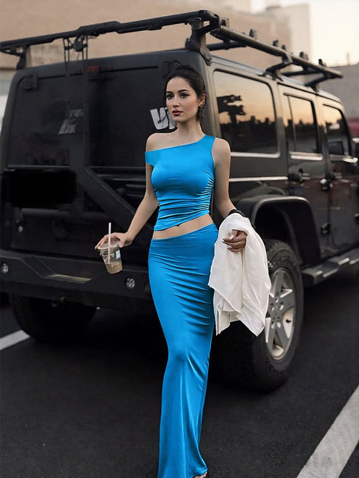 Blue Cami Fitted Top And Fitted Skirt Co-Ord Set