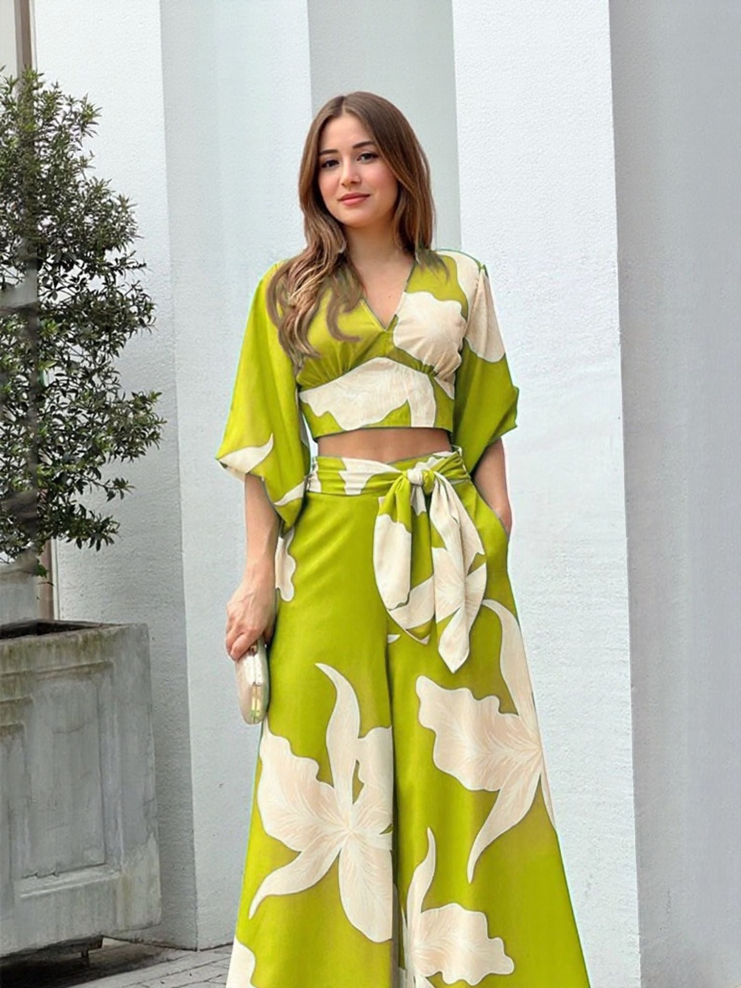 Olive Floral Top and Pants Co-Ord Set
