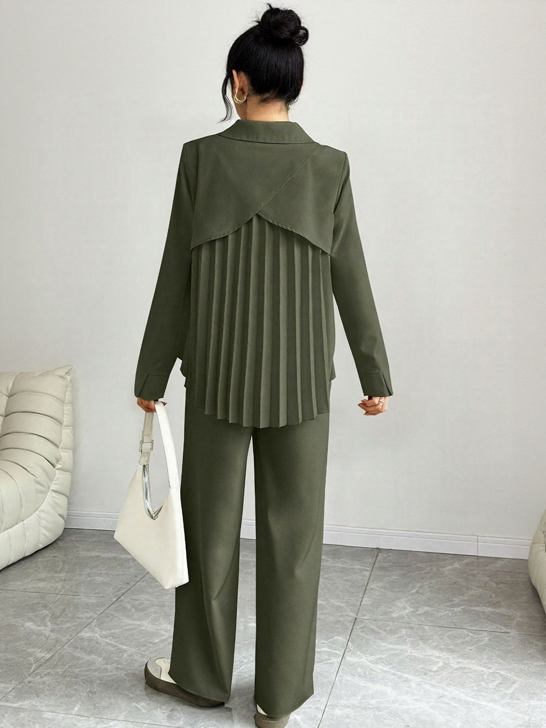 Green Back With Pleating Full Sleeves And Trouser Coord