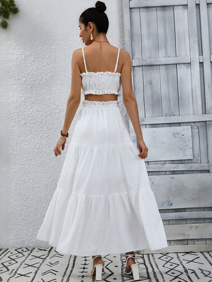 White Strapy Crop Top & Tiered Skirt Set