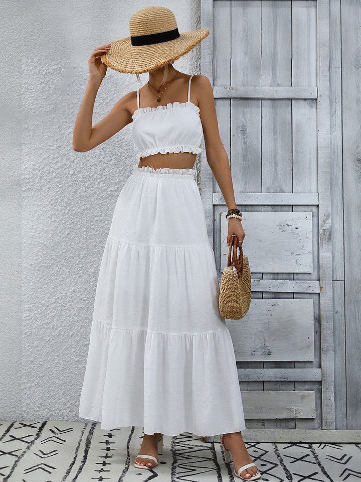 White Strapy Crop Top & Tiered Skirt Set