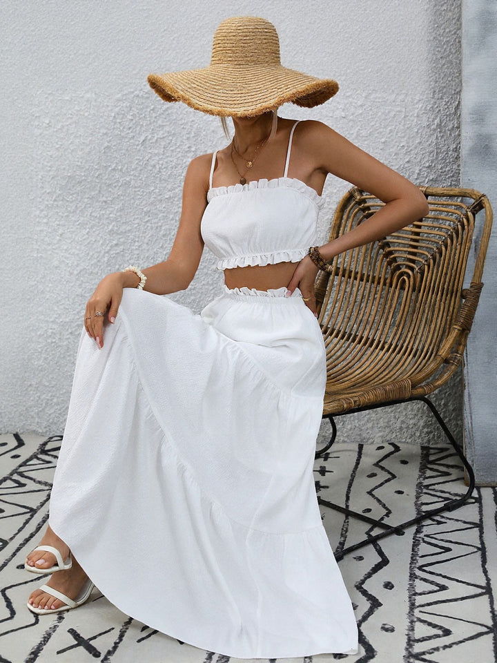 White Strapy Crop Top & Tiered Skirt Set