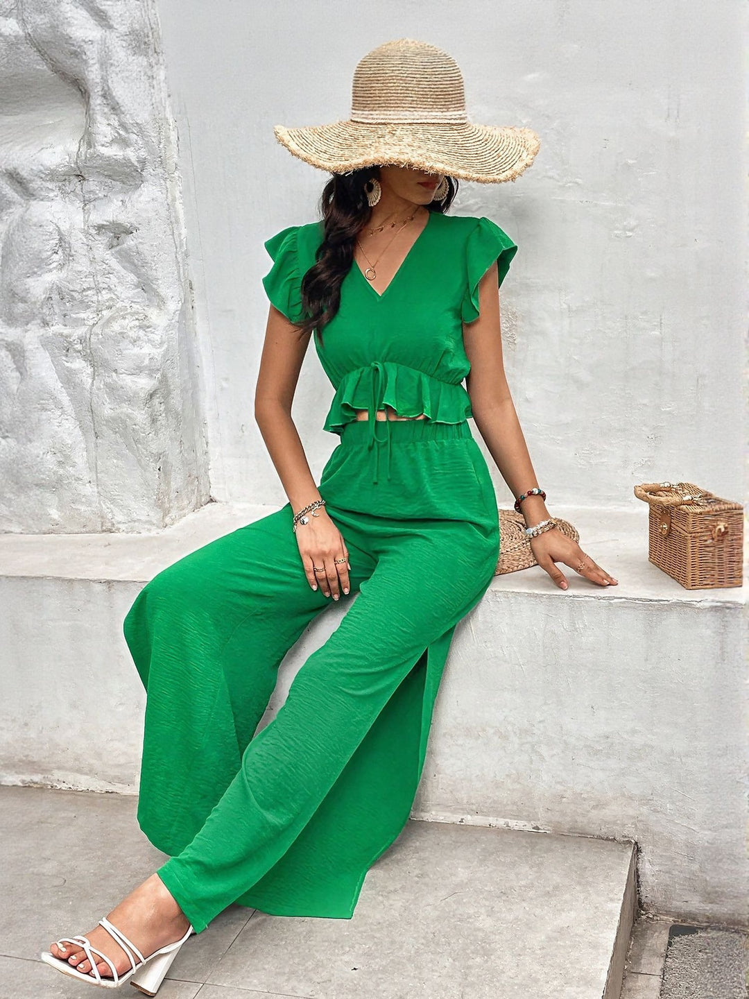 Green Crop Top And Trouser Co Ord Set