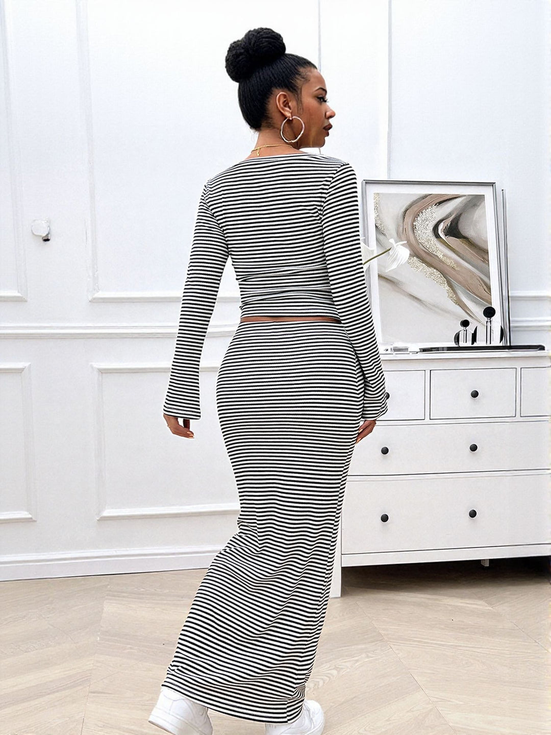 Black Stripes Co Ord Set With Cropped Top And Maxi Skirt