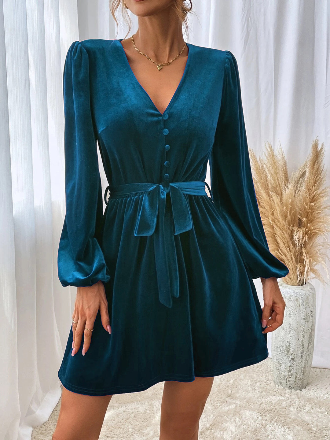 Blue Bishop Sleeve Front Tie-Up Dress