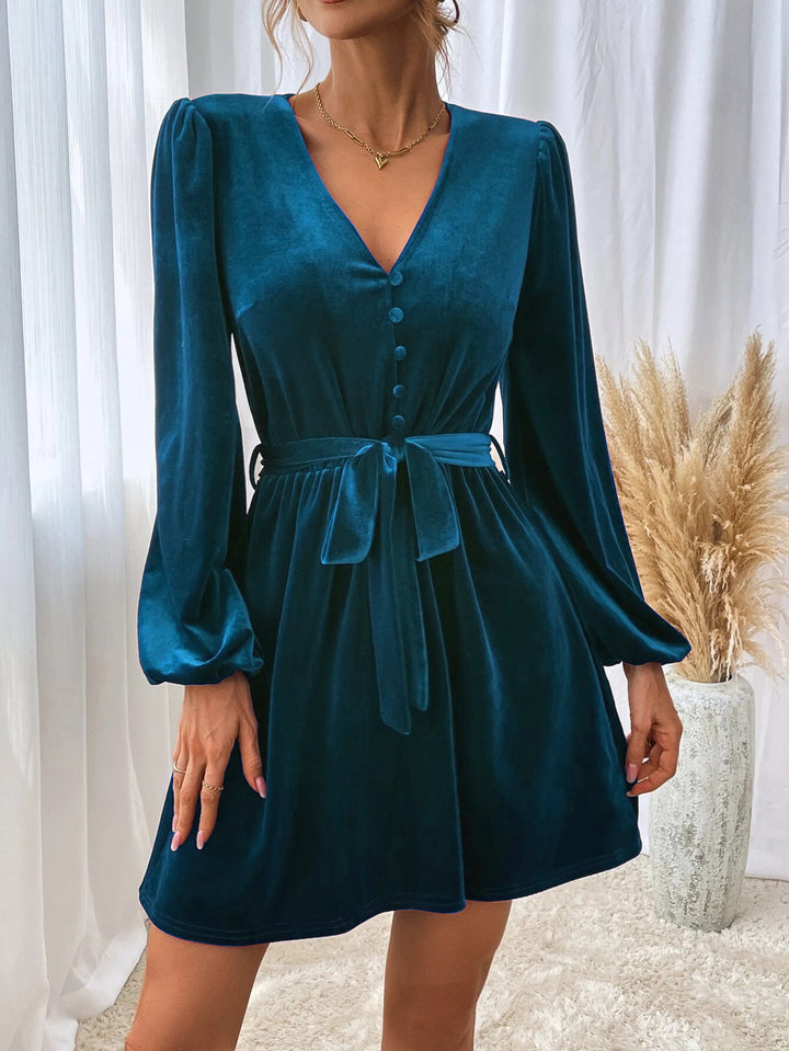 Blue Bishop Sleeve Front Tie-Up Dress