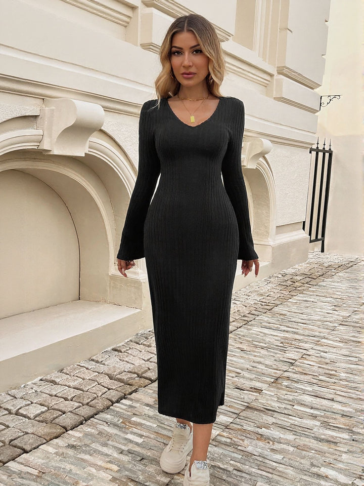 Black Ribbed Full Sleeve Midi Dress