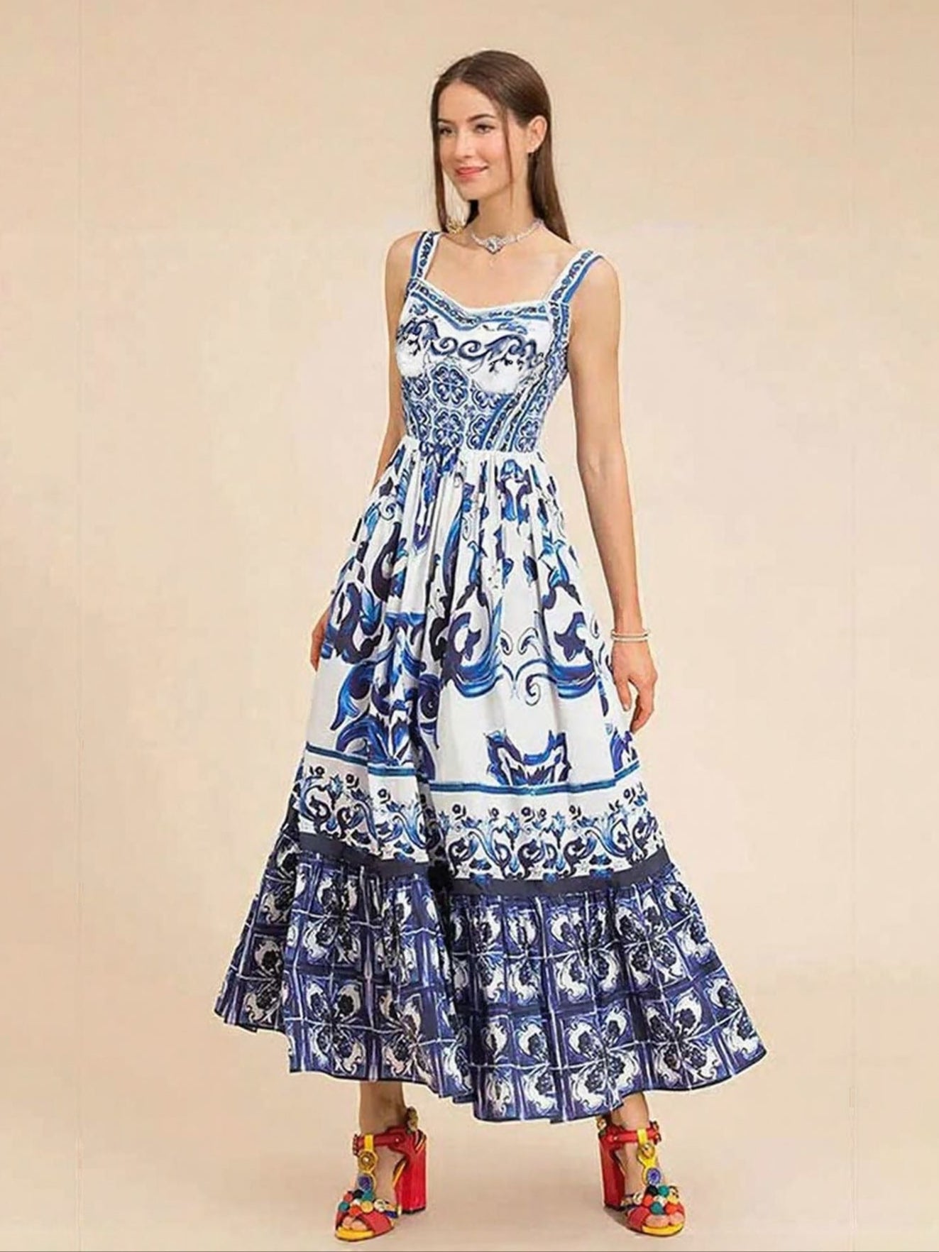 Blue Placement Print Tiered Maxi Dress