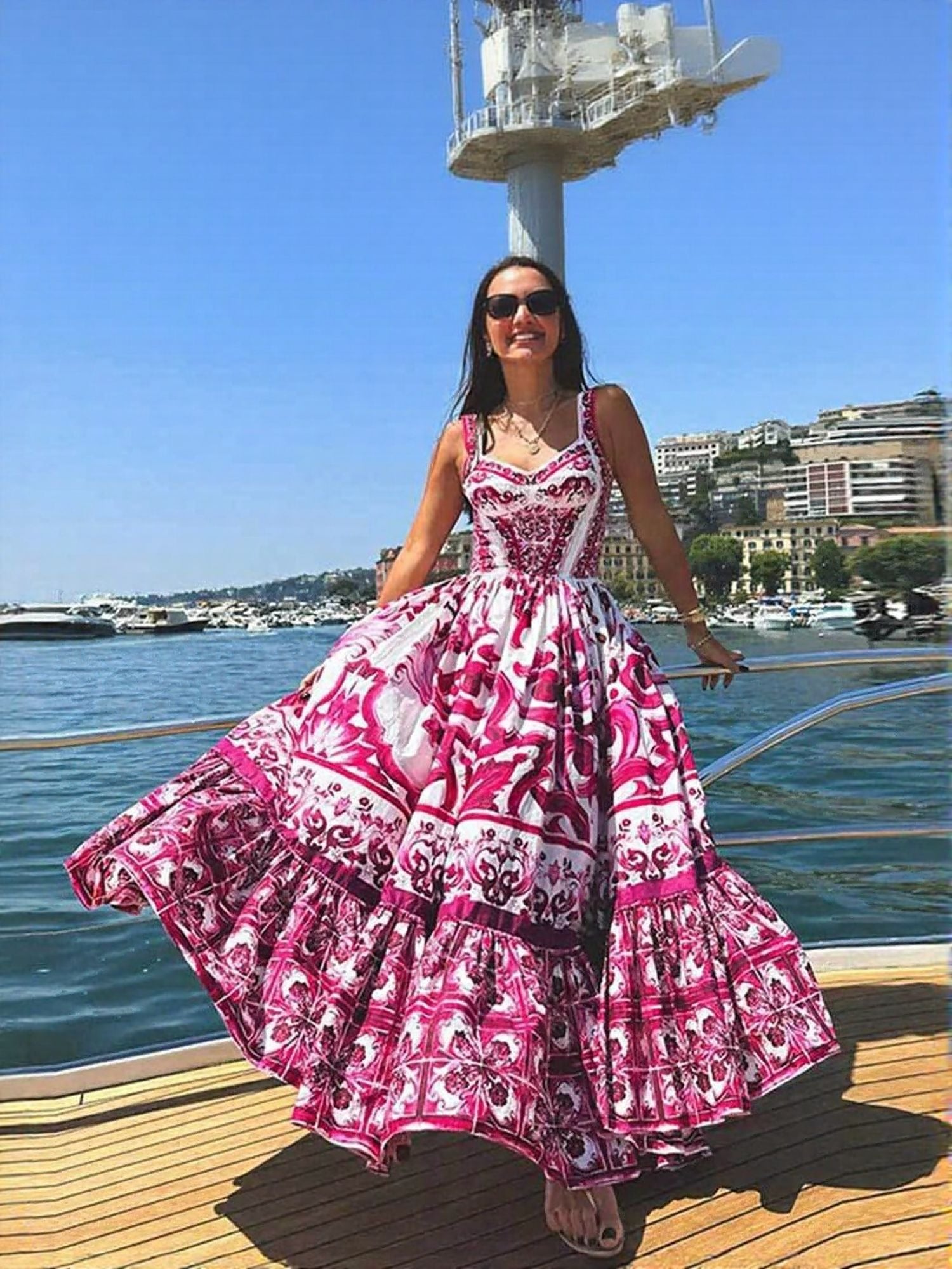 Red Placement Print Tiered Maxi Dress