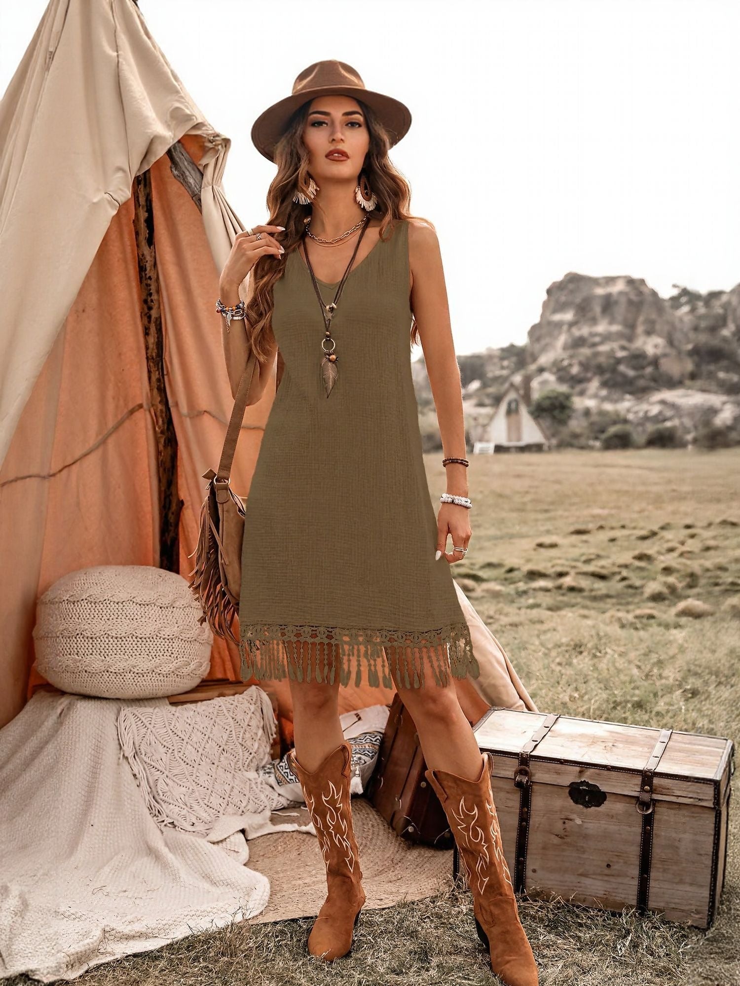 Olive Lace Detail Mini Dress