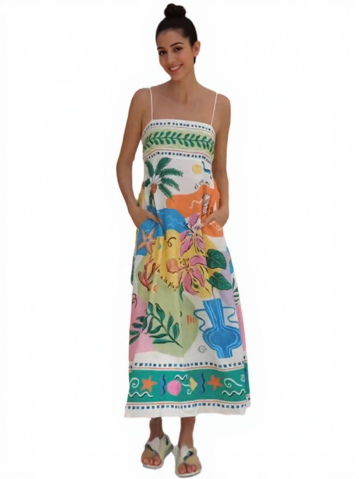 Off White Tropical Print Flared Maxi Dress