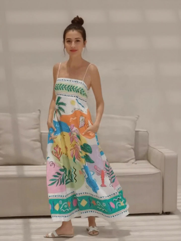 Off White Tropical Print Flared Maxi Dress