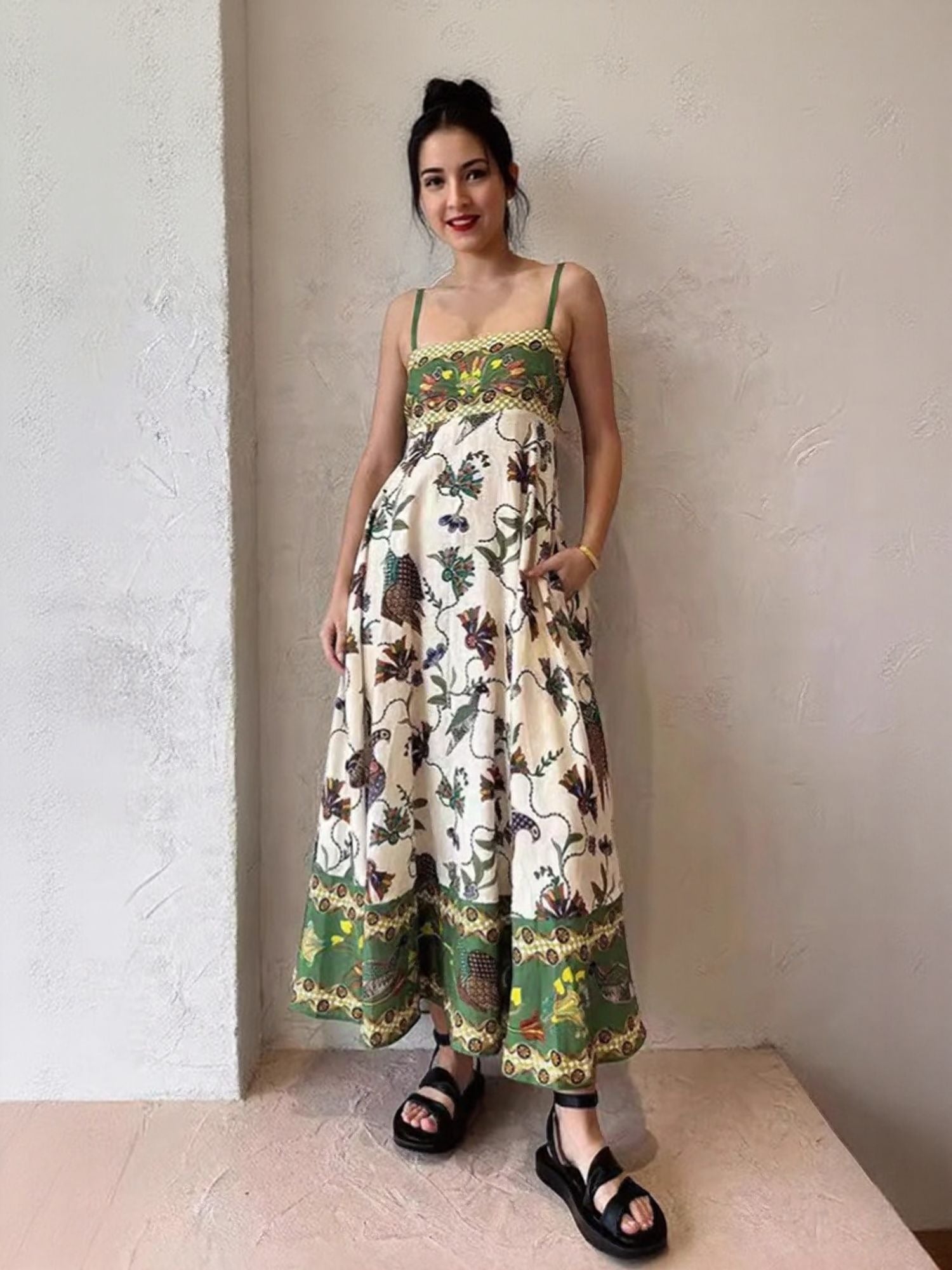 Green Floral Print Slip Dress