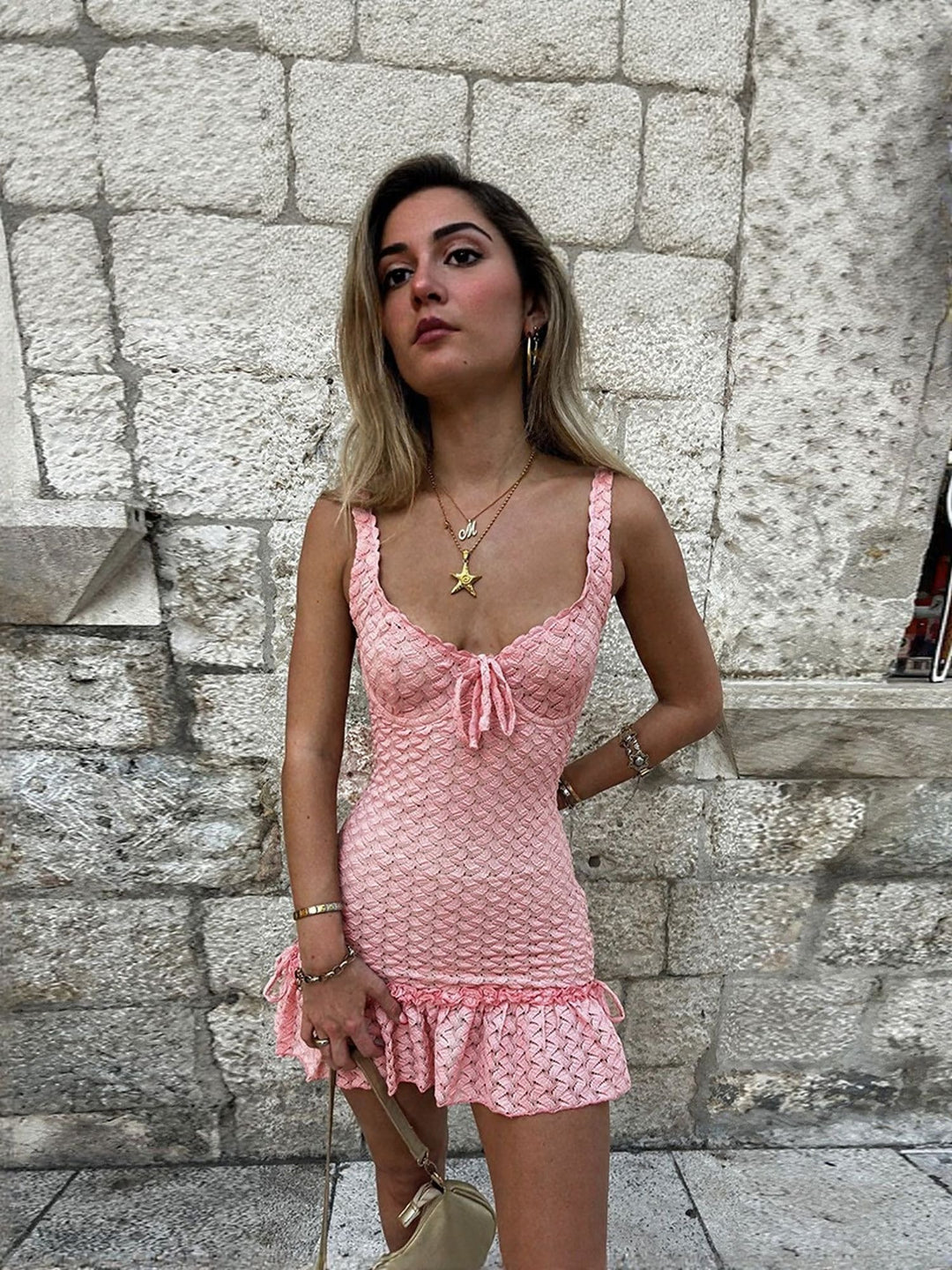 Pink Lace Fitted Dress
