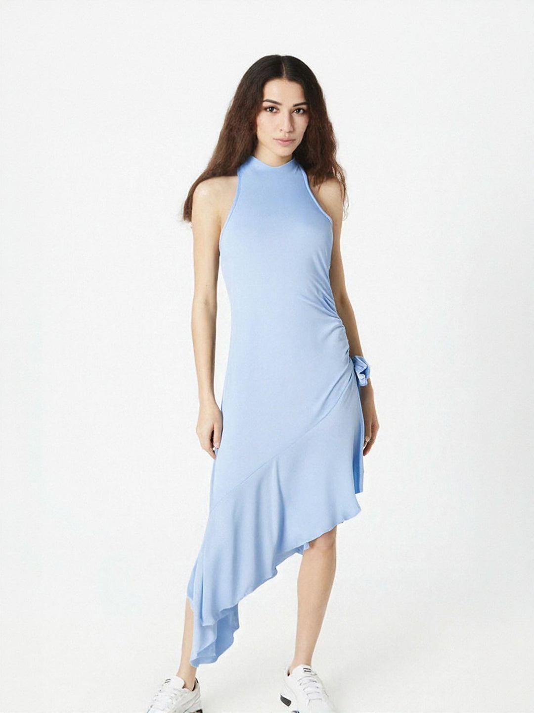 Blue Sleeveless Uneven Hem Midi Dress