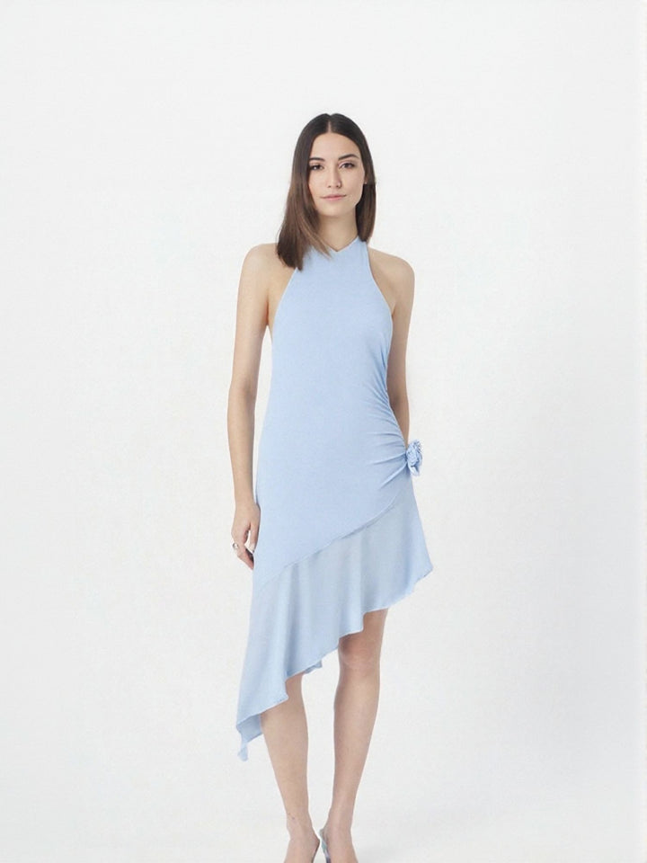 Blue Sleeveless Uneven Hem Midi Dress