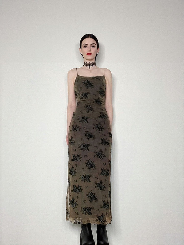 Green Floral Print Slip Maxi Dress