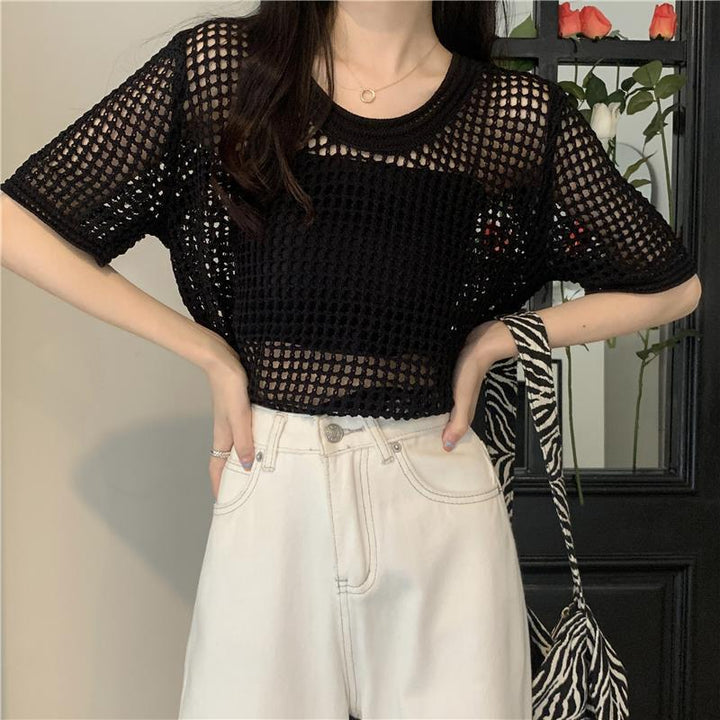 Black Short Sleeve Crochet Top