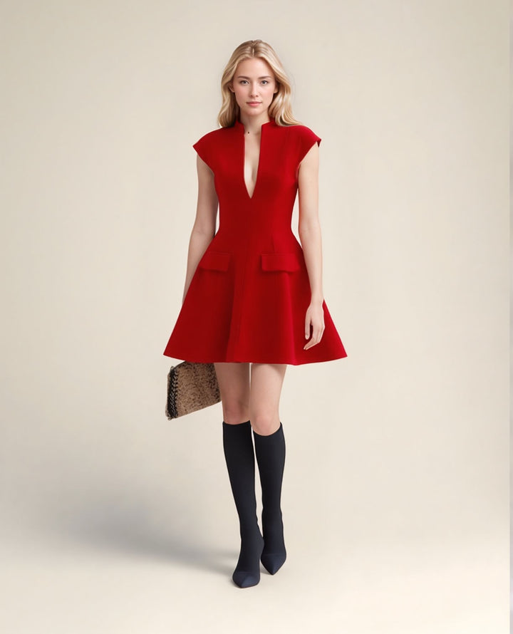 Red High Neck Cap Sleeve Skater Dress