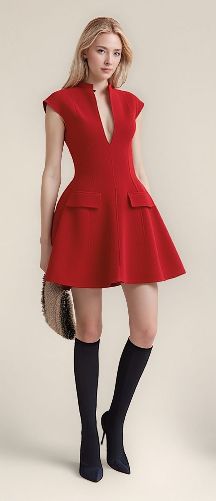 Red High Neck Cap Sleeve Skater Dress