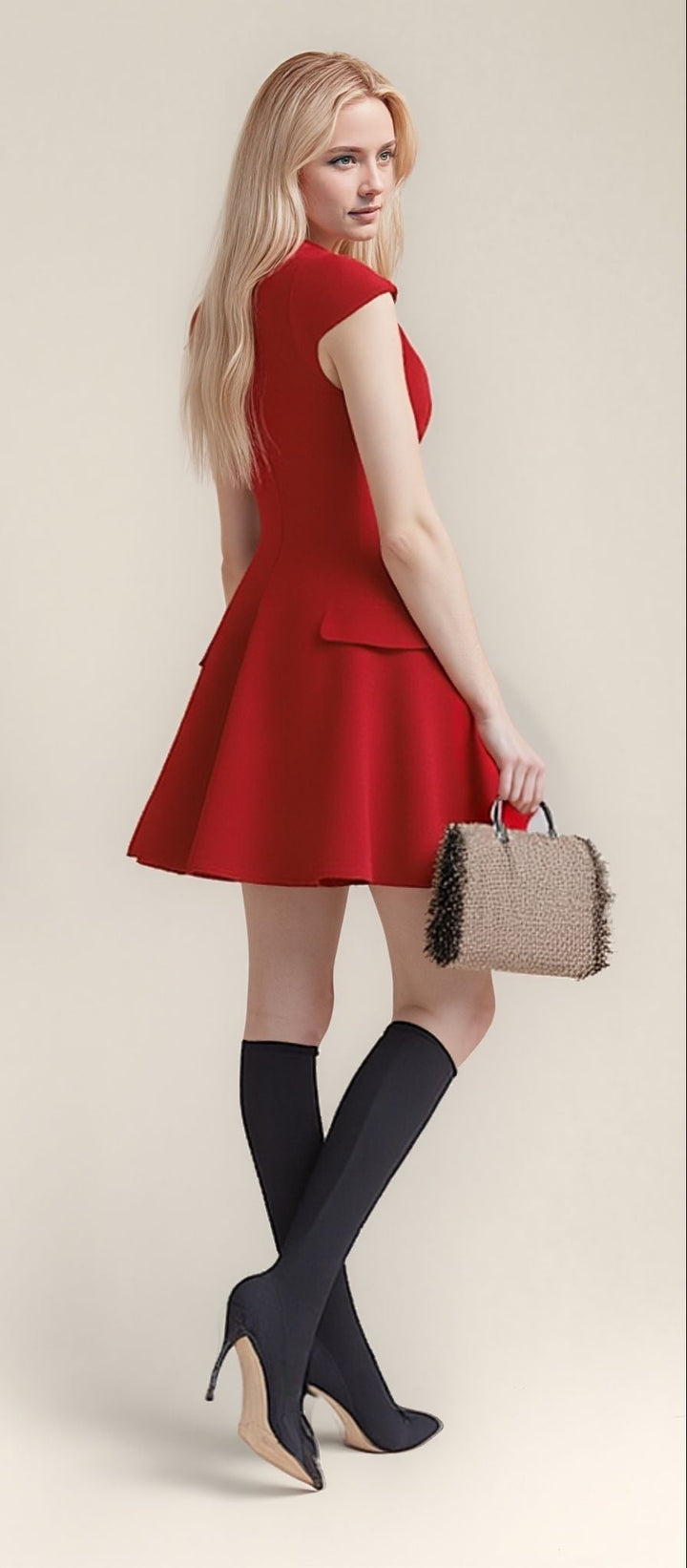 Red High Neck Cap Sleeve Skater Dress