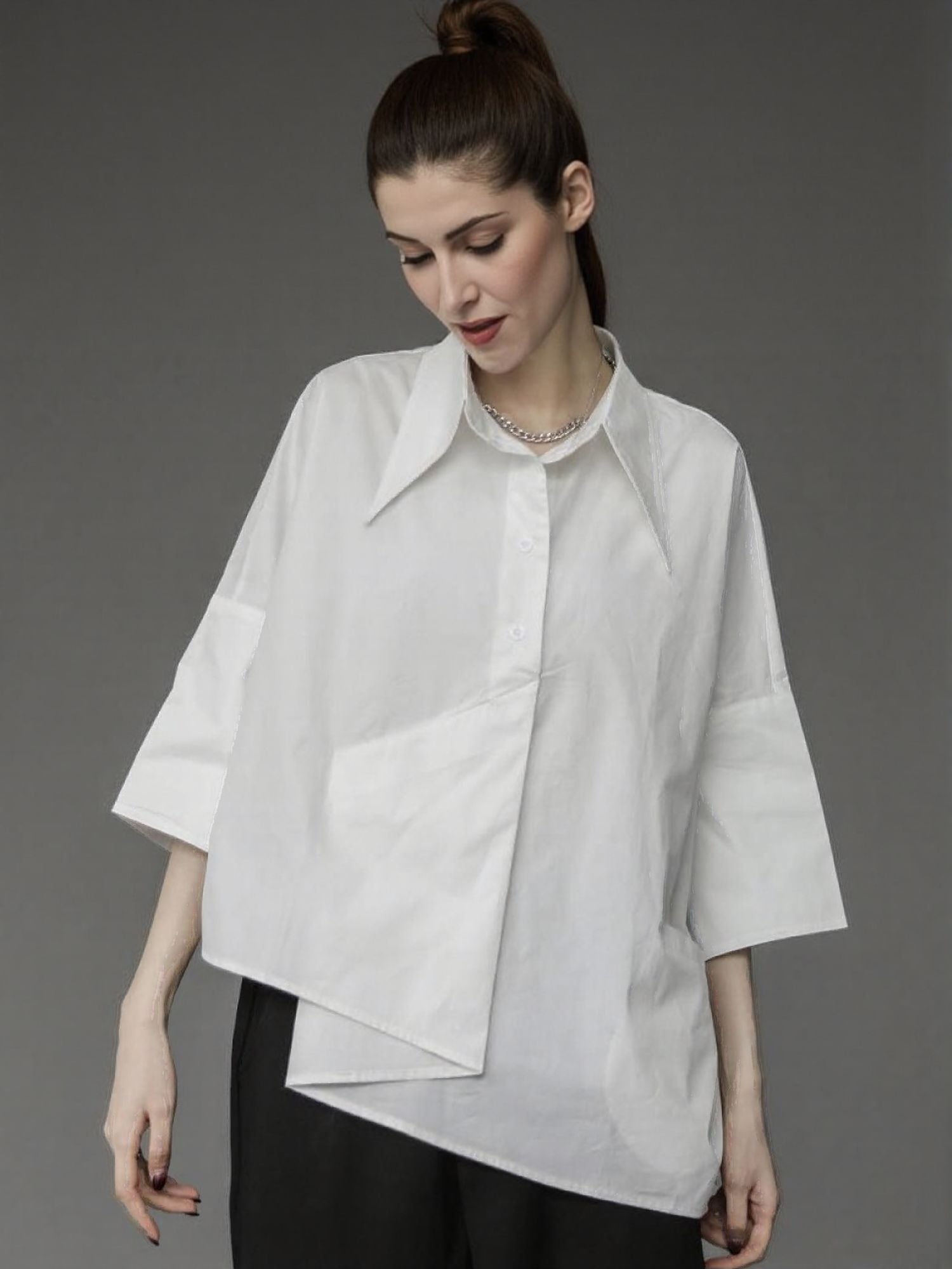 White Boxy Solid Shirt With Assymetric Hem