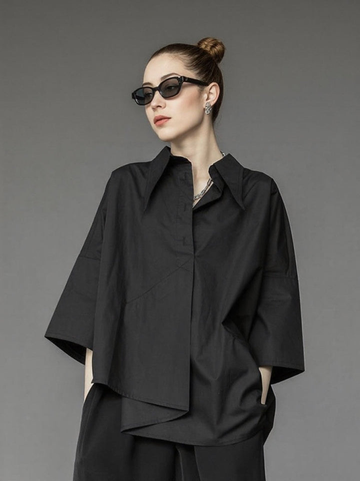 Black Boxy Solid Shirt With Assymetric Hem