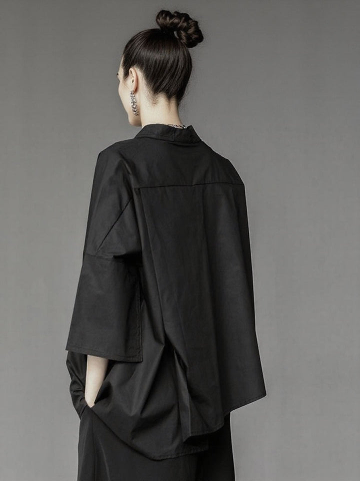 Black Boxy Solid Shirt With Assymetric Hem