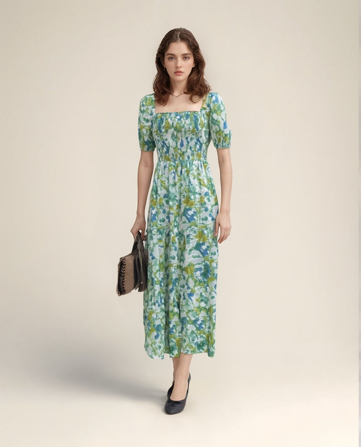 Green Square Neck Puff Sleeves Tiered