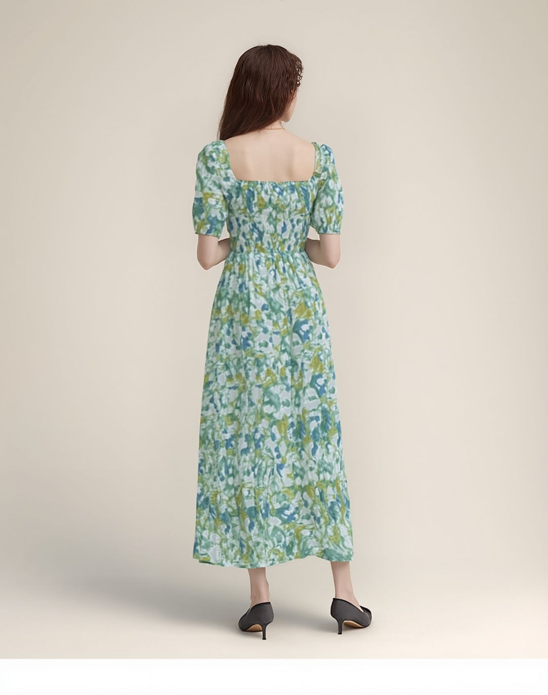 Green Square Neck Puff Sleeves Tiered