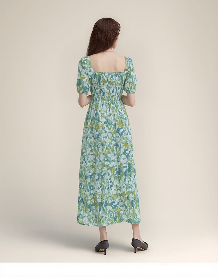 Green Square Neck Puff Sleeves Tiered