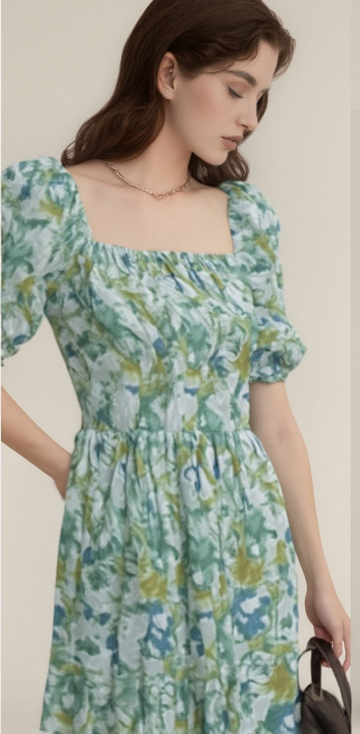 Green Square Neck Puff Sleeves Tiered