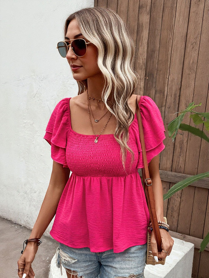 Pink Flared Sleeve Top With Smocking Detail