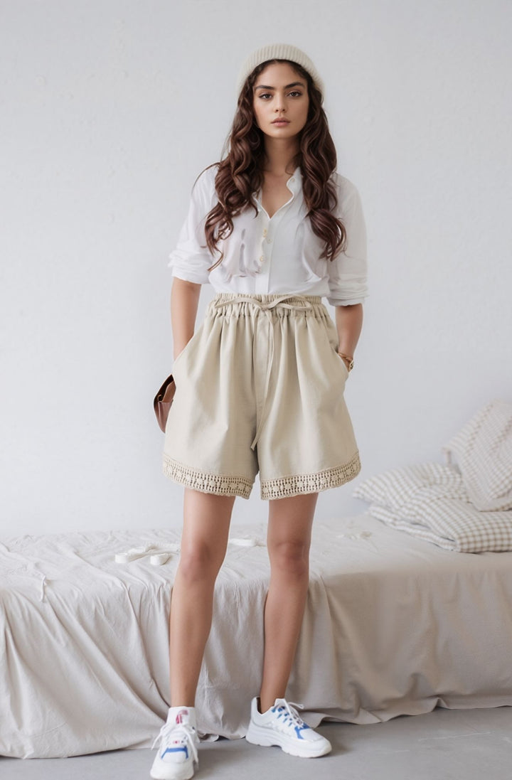 Khaki Lace Detailed Shorts