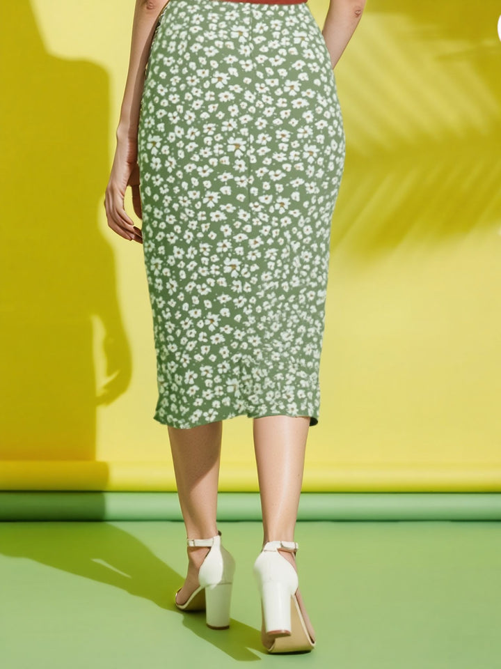 Green Printed Side Ruched Skirt