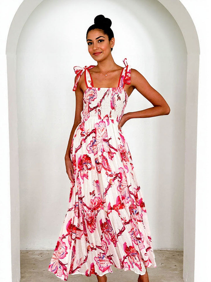 Red Bold Printed Tiered Tie Up Dress