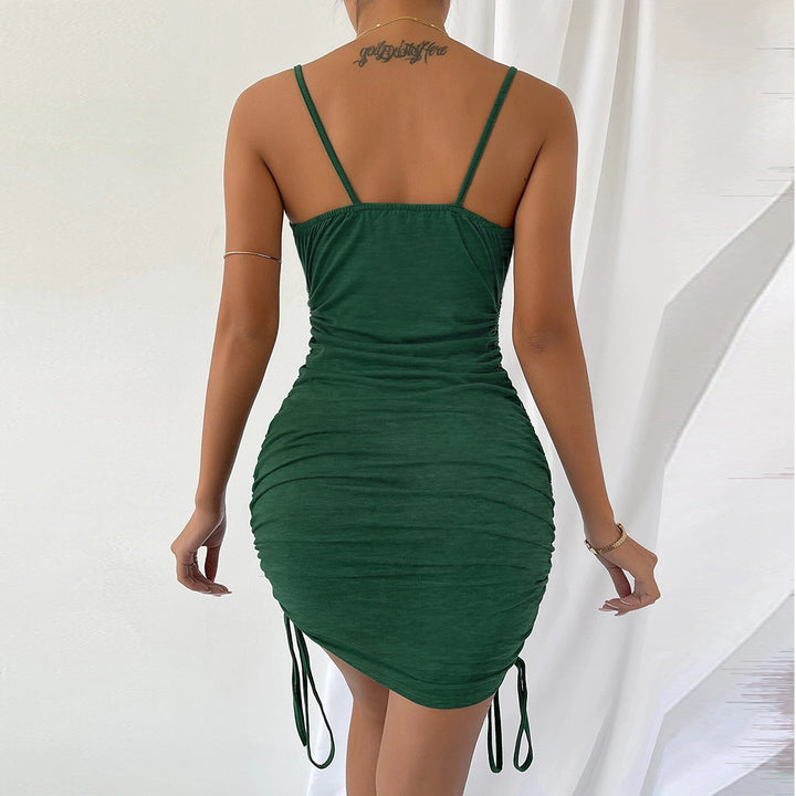 Green Shoulder Strap Side Ruched Dress
