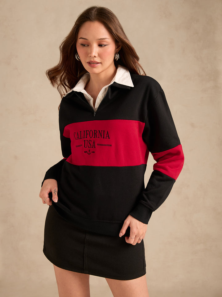 Black Varsity V Neck Graphic Sweatshirt