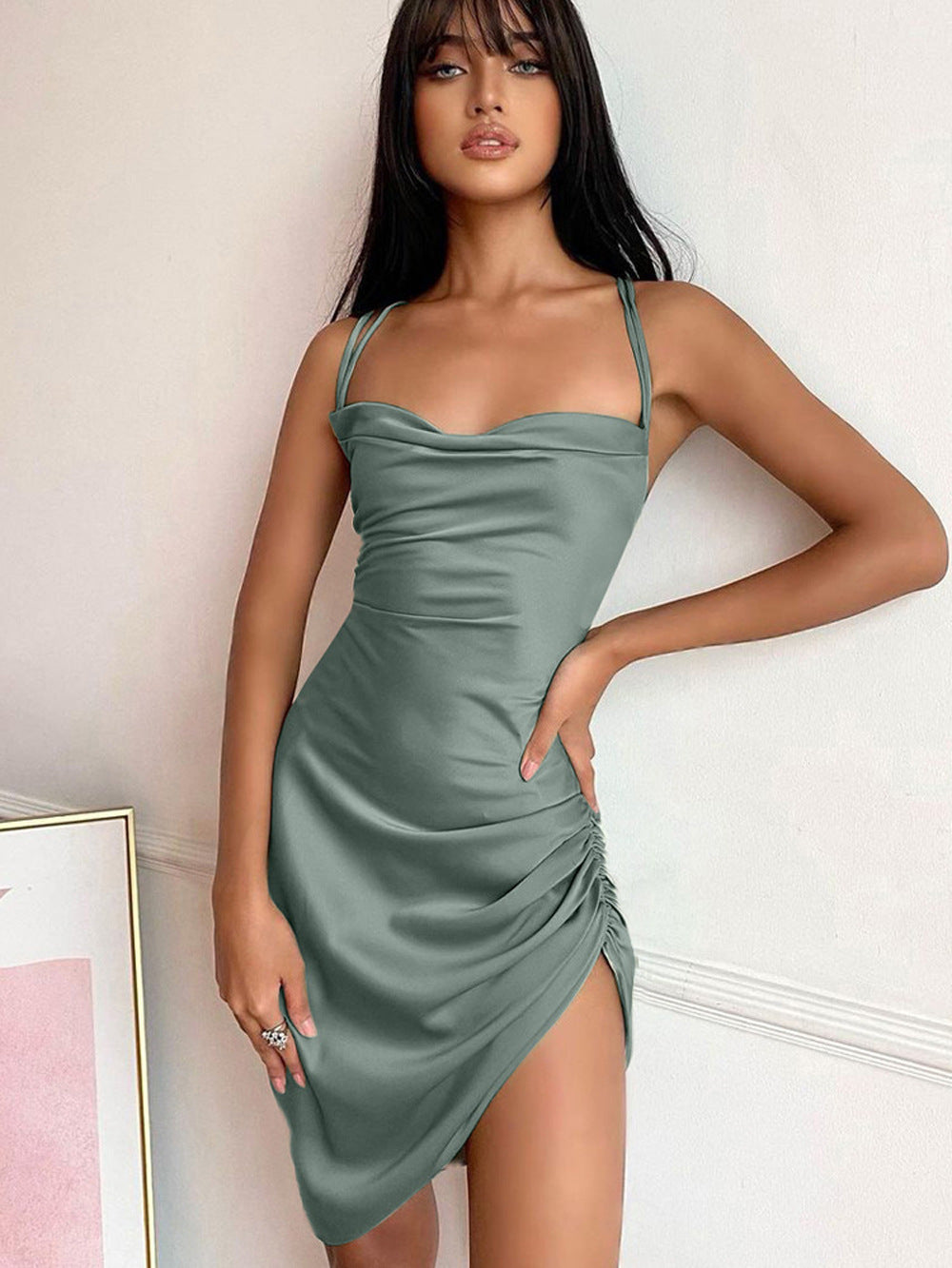 Green Mini Ruched Bodycon Dress
