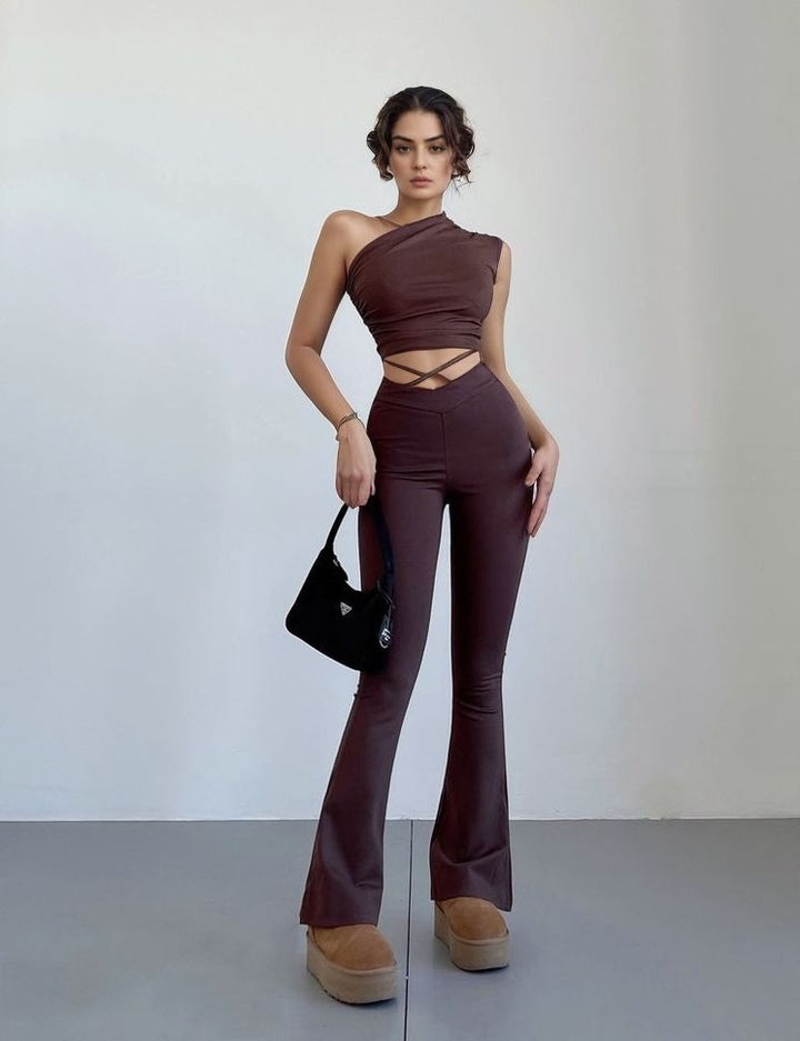 Brown One Shoulder Ruched Tank