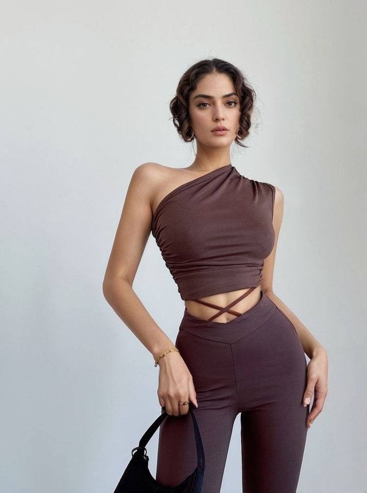 Brown One Shoulder Ruched Tank