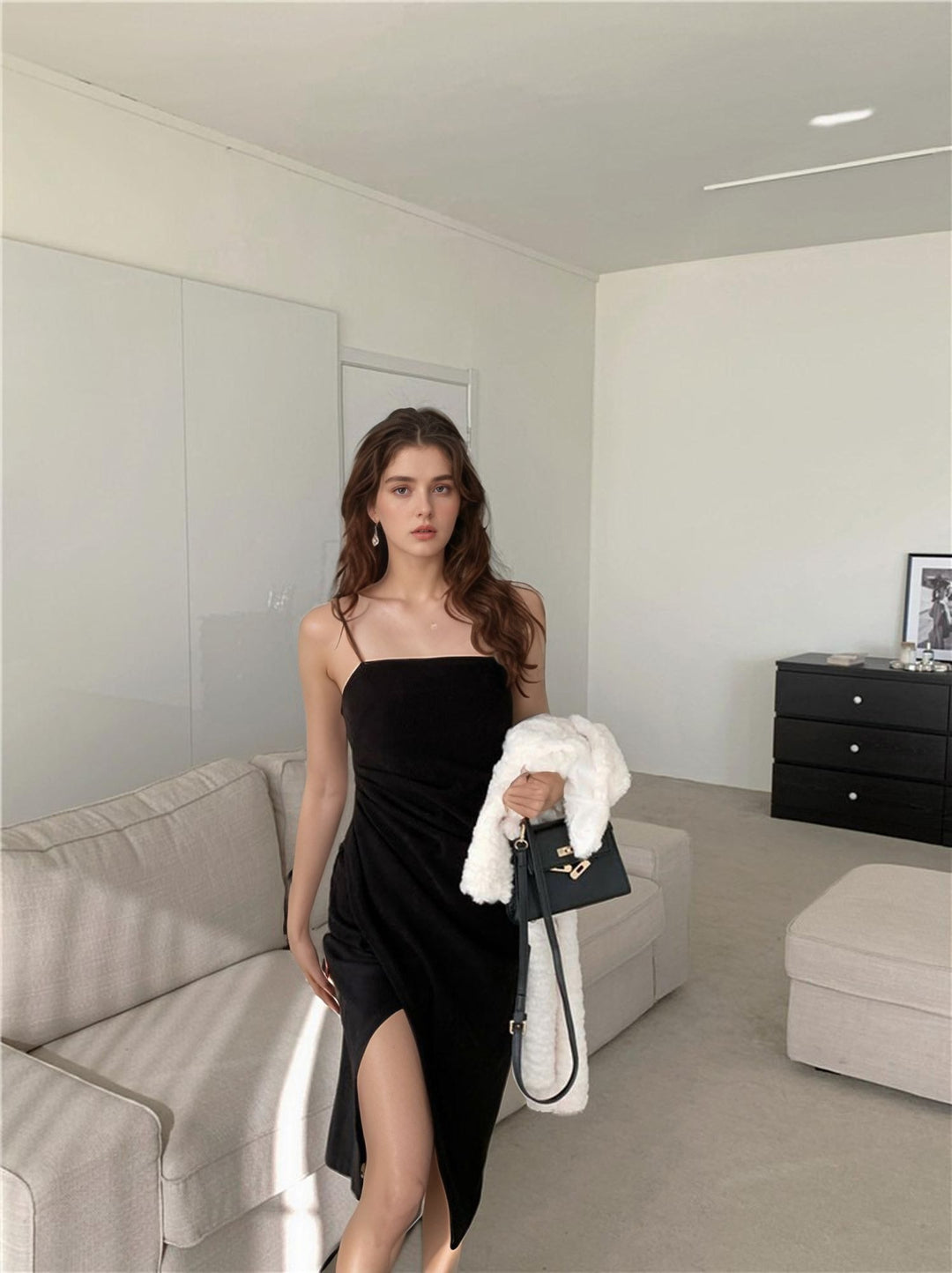 Side Slitted Rouched Black Dress