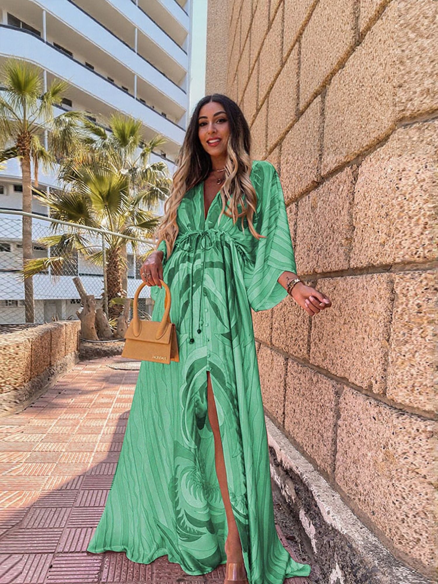 Green V Neck Printed High Slit Maxi Dress