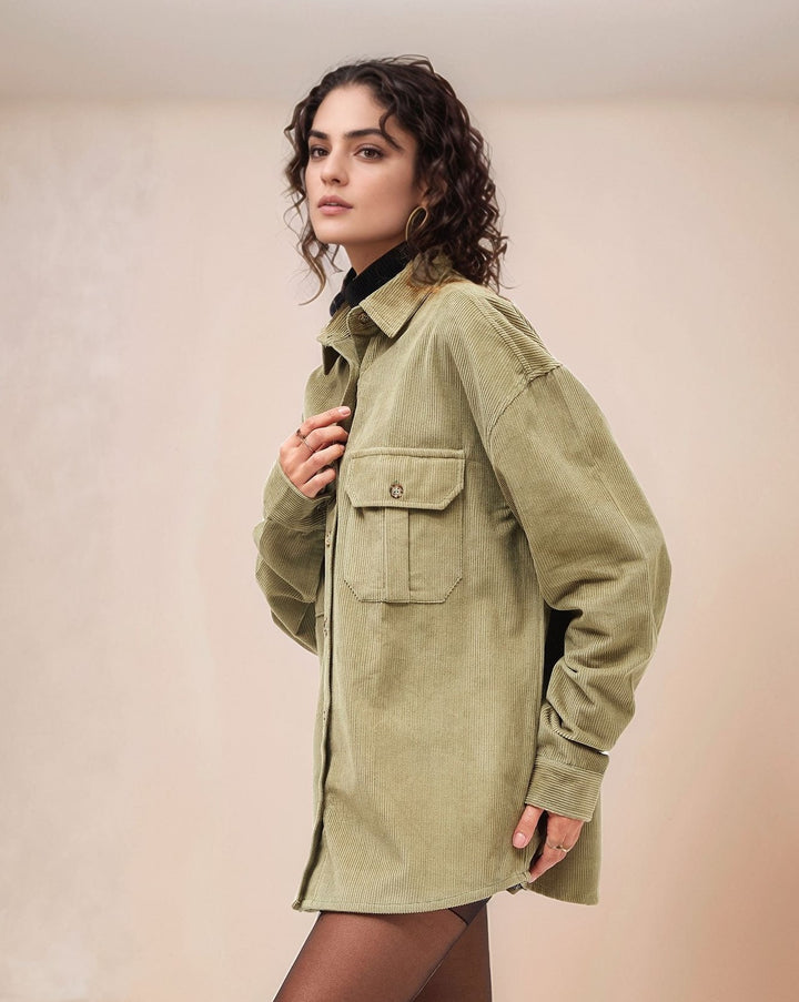 Olive Full Sleeve Double Pockets Corduroy Shirt