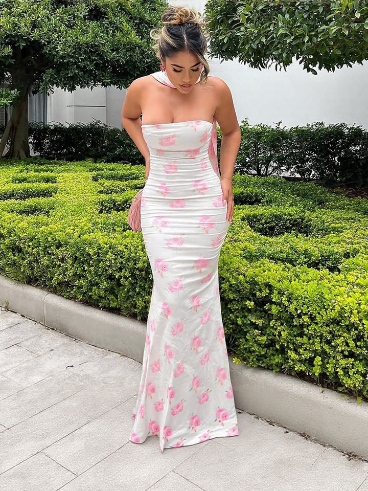 Pink Printed Strapless Bodycon Dress