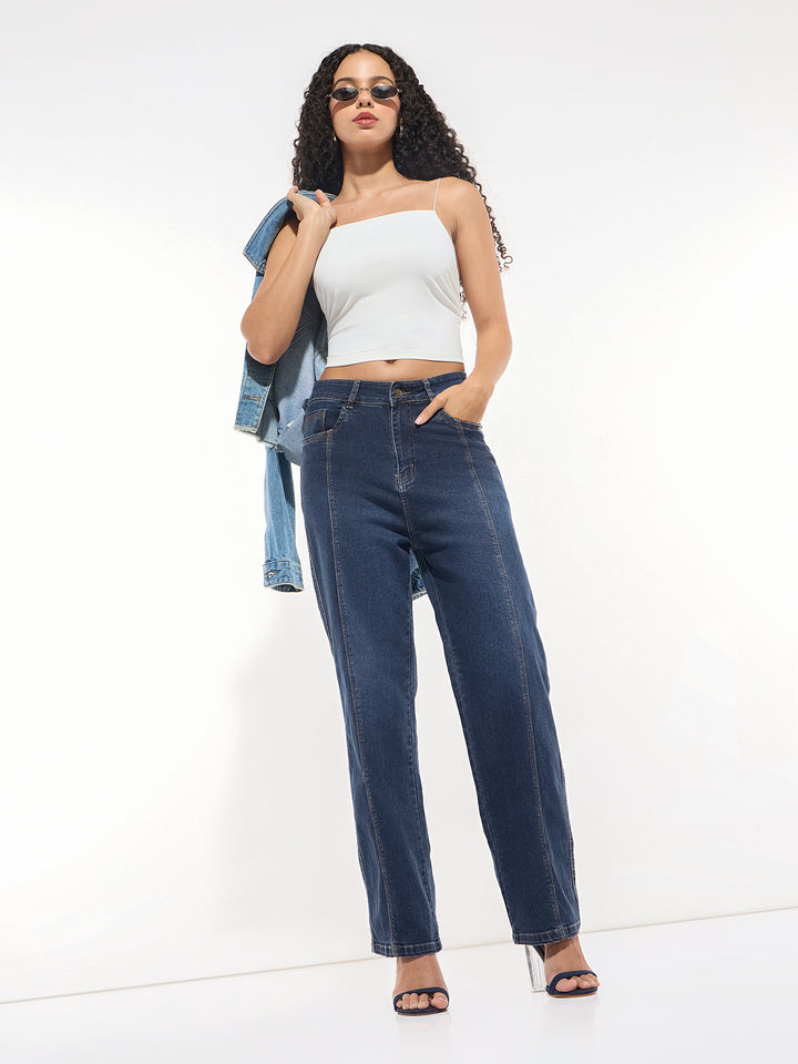 Blue Straight Fit Jeans With Front Seam