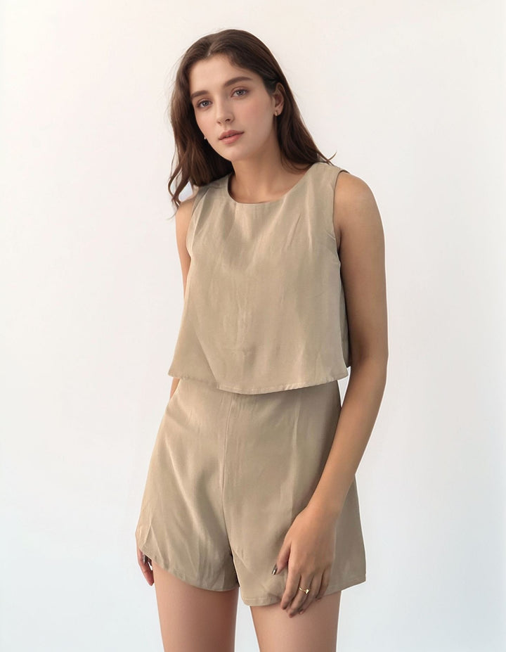 Beige Sleeveless Top With Short Coord Set