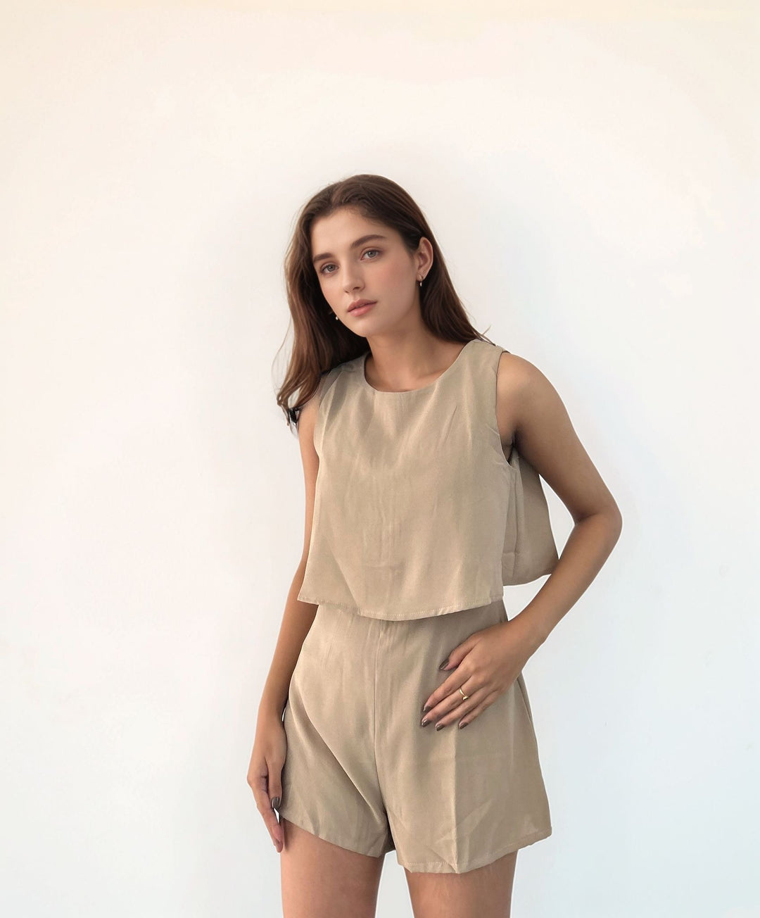 Beige Sleeveless Top With Short Coord Set