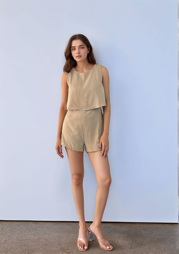 Beige Sleeveless Top With Short Coord Set